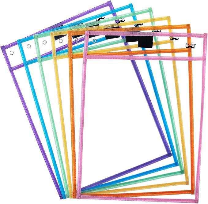 Mr. Pen- Dry Erase Pocket Sleeves, 10 x 14 Inch, 6 Pack, Pastel Colors, Plastic Sleeves, Dry Erase Pockets Reusable Sleeves, Dry Erase Sleeves, Clear Pocket Sleeves, Classroom Sleeves