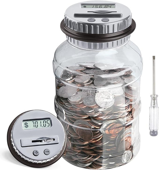 Large Piggy Bank for Boys Adults, Vcertcpl Digital Coin Counting Bank with LCD Counter, 1.8L Capacity Coin Bank Money Jar for Adults, Designed for All US Coins (Gray)