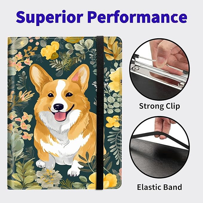 Dog Flower PU Leather Padfolio Clipboard Notepad with Pen Loop and Elastic Strap Interview/Resume Document Organizer for Business School Office
