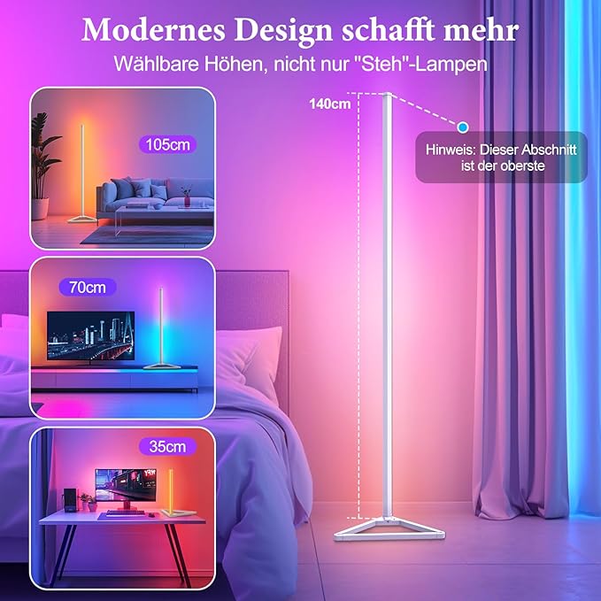 RGBIC Floor Lamp,16 Million Colors LED Floor Lamps 141 cm Lamps for Living Room with Music Sync,Standing Lamp with App and Remote Control,Gaming Ambient Lighting Corner Lamp Bedroom Decor