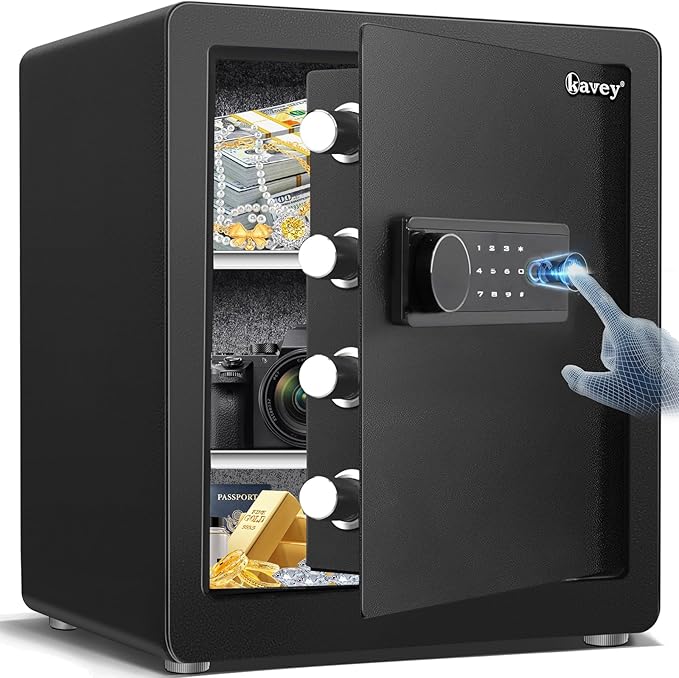Kavey 2.0 Cub Biometric Safe Box, Fingerprint Safe with Backlit Touch Screen Keypad and Dual Alarm System, Money Safe With Mute Function and LED Light