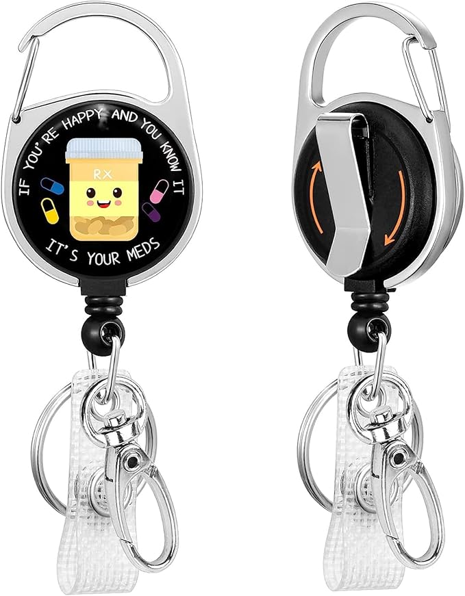 Gctriki Pharmacy Badge Reel Holder Retractable Heavy Duty with 360°Swivel Carabiner Belt Clip, Cute Pharmacist Chill ID Holder Nurses Teachers Students Retractable Keychain ID Clip Name Badge Clip
