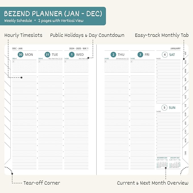 BEZEND 2025 Planner Daily Weekly & Monthly 8.5" x 11" (Jan - Dec 2025) Agenda 2025 Vertical Calendar Book with Hourly Schedule, Monthly Tabs, Pen Holder, Vegan Leather Hard Cover - Dark Green