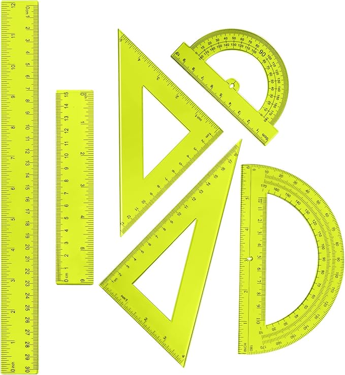 Tenare 6 Pcs Plastic Ruler Math Set Includes 12 Inch 6 Inch Straight Ruler Protractor Triangle Rulers Geometry Transparent Math Ruler Measuring Tools for School Office Home(Yellow)