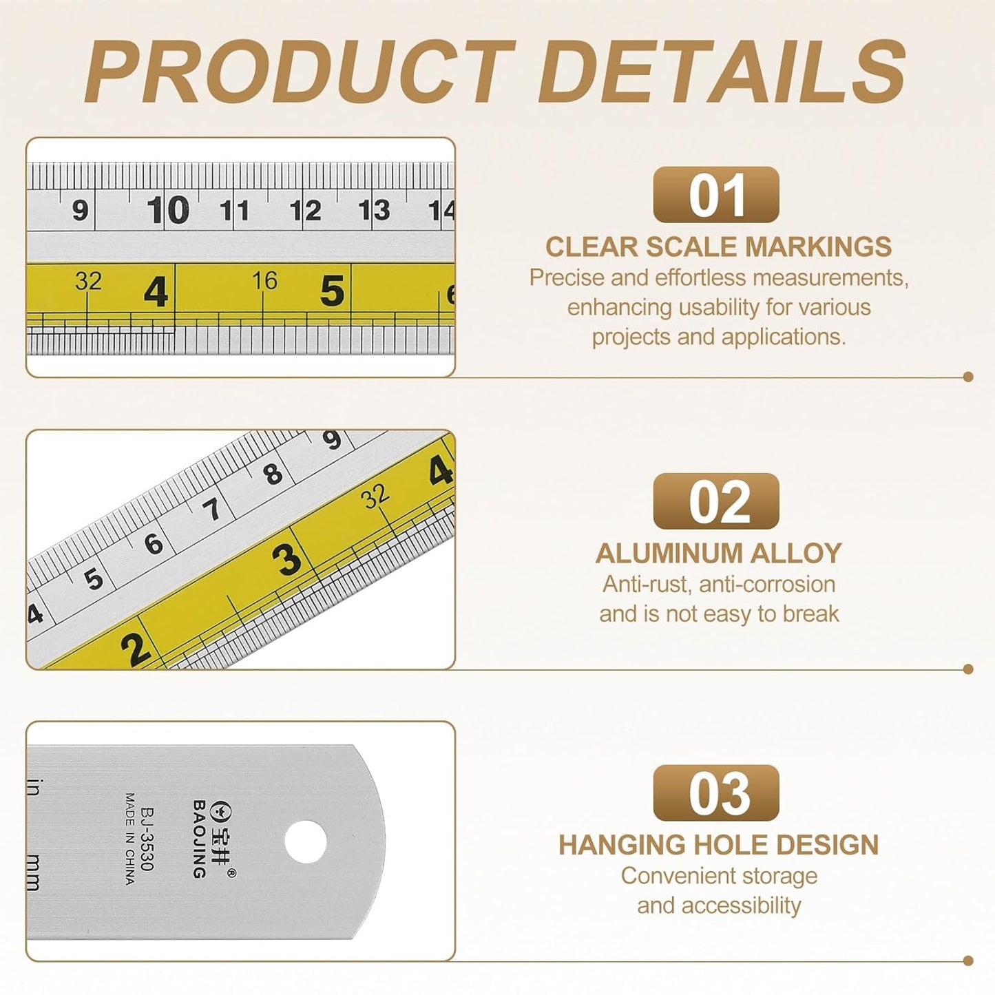 HARFINGTON 4pcs Metal Straight Ruler 20cm Metric SAE Aluminum Alloy Measuring Rulers Scale Tool with Hole for Measure Study Reading Classroom Office, Yellow