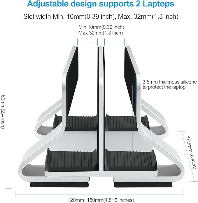 Aluminum Dual Vertical Laptop Stand Dock Holder, Supports 2 Devices, Adjustable Slot Width 15-36mm, Space-Saving Upright Storage for MacBook and Laptops