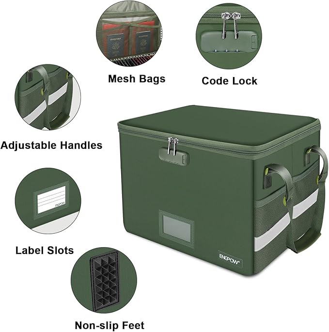 ENGPOW File Box with Lock,Fireproof Document Box with Pockets,Collapsible File Storage Organizer Filing Cabinet with Handle,Portable Home Office Safe for Hanging Letter/Legal Folders,2 Pack(Green)