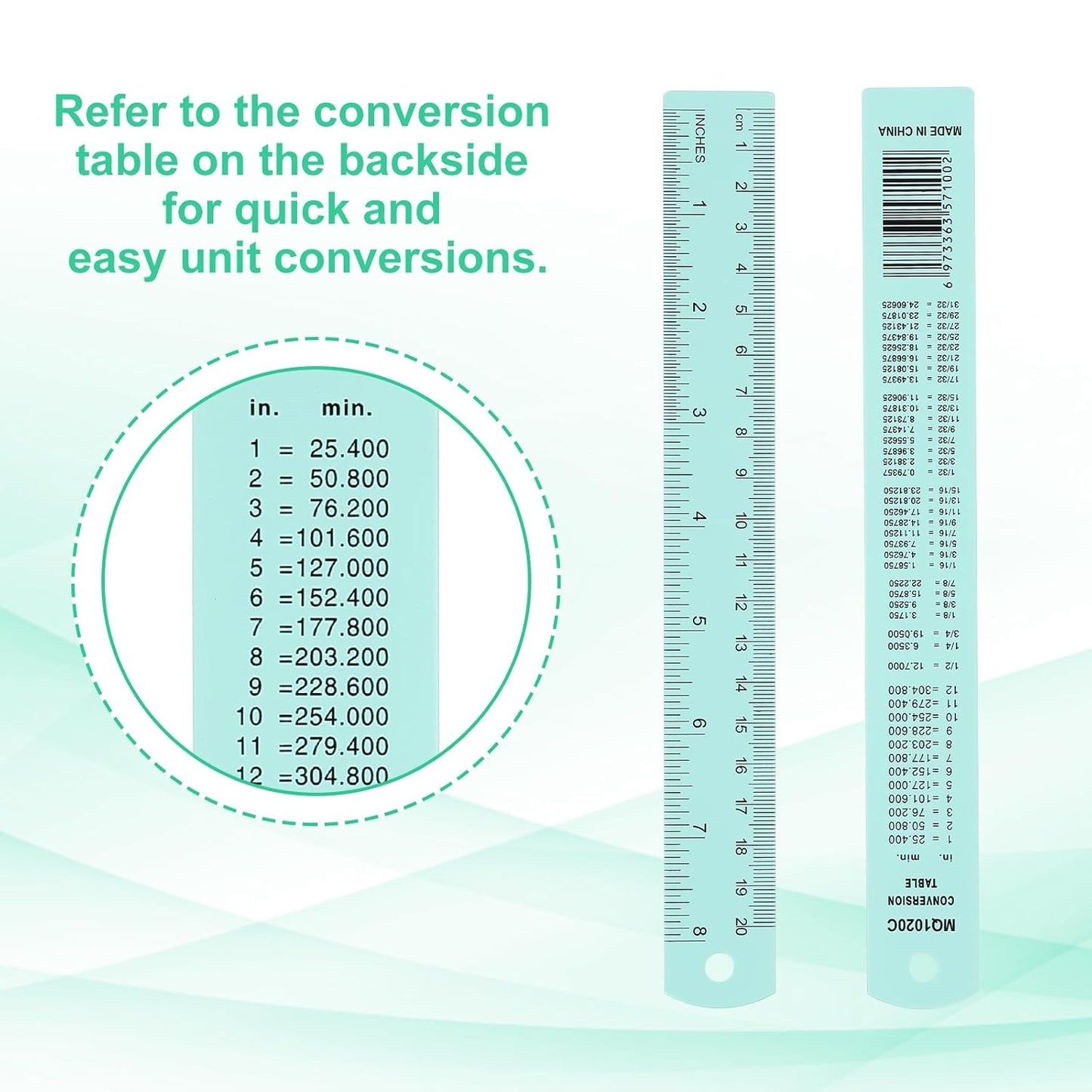 PATIKIL 20cm/8" Metal Ruler, 2 Pack Aluminum Alloy Rulers with Centimeters, Millimeters, Inches and Conversion Table Straight Edge Ruler for Writing Machinist Drafting, Blue Green