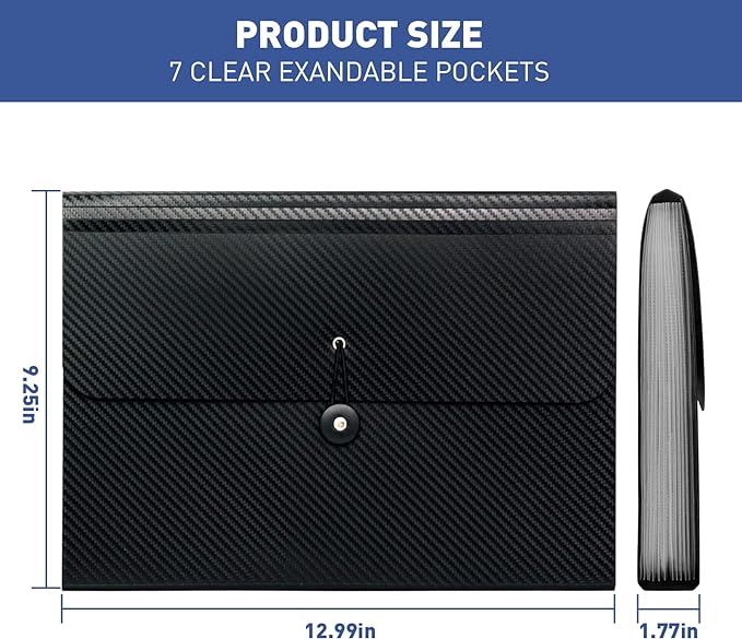 7 Pocket Expanding File Folder with Tab Inserts, Accordian File Organizer Document Receipt Organizer, Accordion Folder File Keeper A4 Letter Size, for School Home Office, Black(Pack of 3)