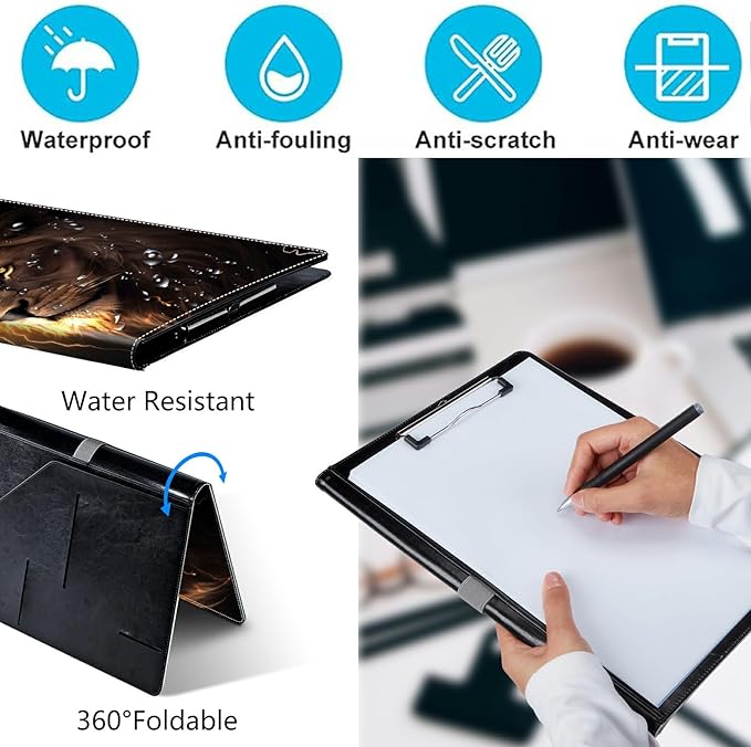PU Leather Padfolio Clipboard Notepad with Pen Loop and Elastic Strap Interview/Resume Document Organizer for Business School Office,Lion with Lightning