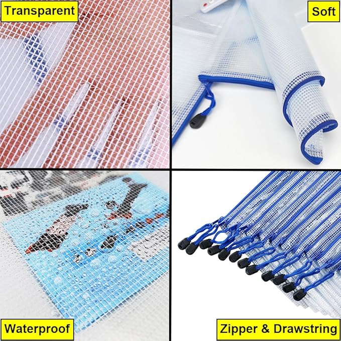 AUSTARK 20 Pcs Zipper File Bags, Plastic Mesh Pouch, Board Game Storage Bag, Waterproof Bags for Office School (A3 Size 16.9''x12'', White and Blue)
