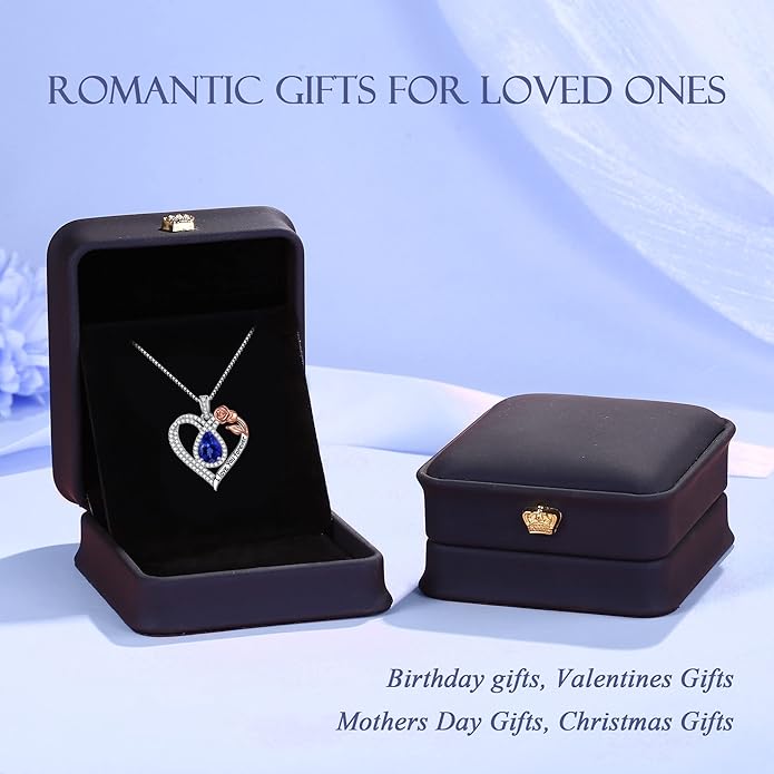 Hidepoo Christmas Gifts for Women Mom Wife - Sterling Silver Rose Heart Birthstone Necklace I Love You Forever Heart Pendant Teardrop Necklace Jewelry Anniversary Valentines Christmas Birthday Gifts