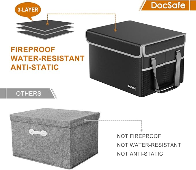 DocSafe File Box Fireproof File Storage Organizer Box with Lid,Collapsible Document Storage Filing Box for Hanging Letter/Legal Folder,Portable Home Office Safe Box Cabinet with Handle,Black,2 Pack