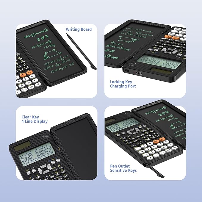 Rechargeable ROATEE 991ES Scientific Calculators, CalcNote Multiview 4-Line Display with LCD Writing Tablet, Foldable Portable with Notepad for Business High School College Students and Teacher(Black)