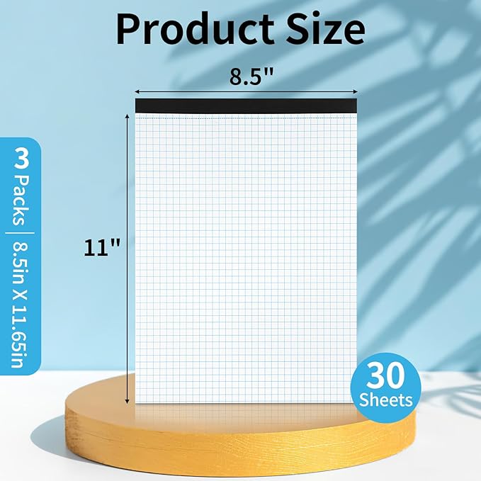 Grid Paper Notebook 8.5 X 11, 4x4 Graph Paper, Sturdy Cardboard Backing, Graph Paper Pad for School, Office, Home, 70 Gsm Grid Paper, 3 Packs, 30 Sheets/Pad
