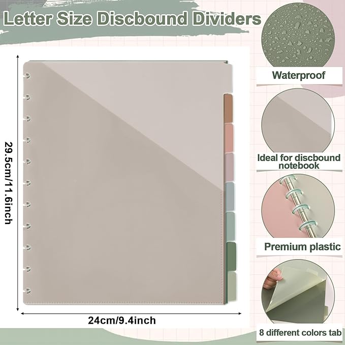 2Set 8 Tab Discbound Notebook Dividers with Pockets Letter Size Disc Planner Pocket 8.5 x 11 Plastic Binder Disc Bound Notebook Divider for School Office Subject Document Discbound System