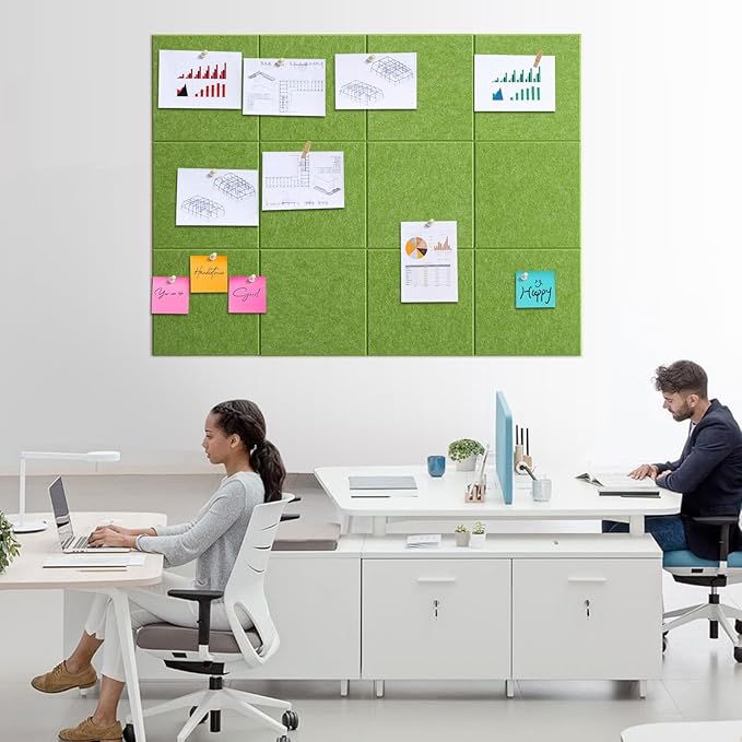 Large Cork Board for Walls - 12 Pack Felt Wall Tiles with Safe Removable Adhesive Tabs - 48" x 36" Bulletin Board for Home & Office & School Decor - Sage Green
