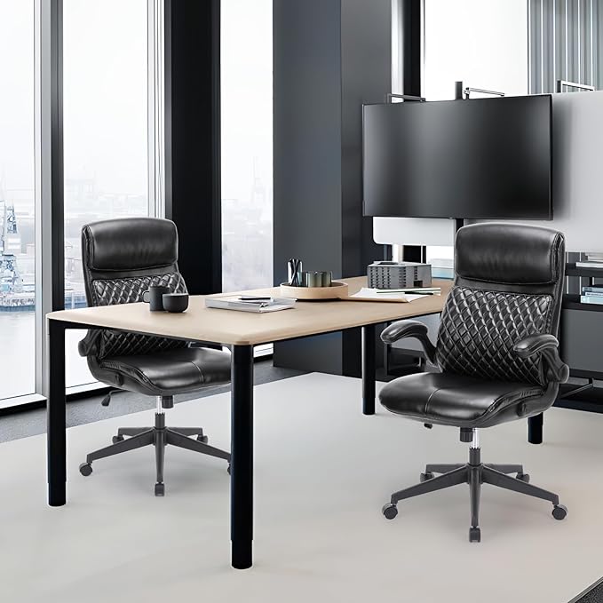 COLAMY Office Chair High Back Executive Computer Desk Chair, Ergonomic Home Office Chair with Padded Flip-up Arms, Adjustable Height and Tilt, Swivel Task Chair with Thick Leather, Diamond Black