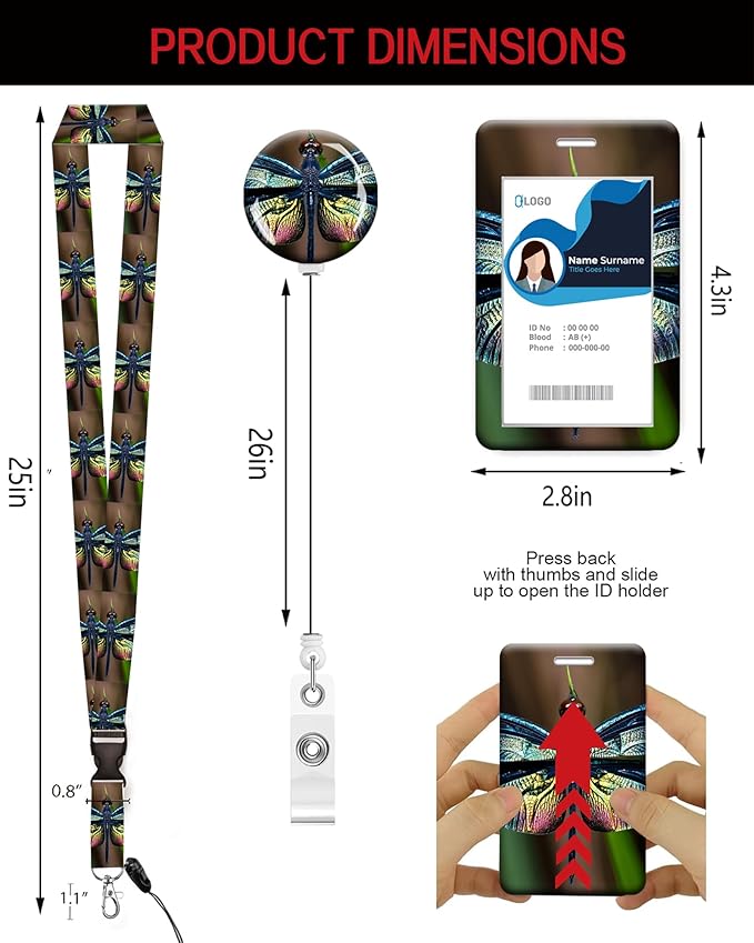 ID Badge Holder with Retractable Lanyard and Keychain, Badge Reel with Rotate Carabiner Clip,Cute Dragonfly Card Name Tag Lanyard ID Protector Bage Clips for Student, Women, Office
