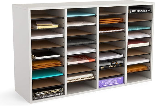 Safco Literature Organizer, 24 Compartments, Office and Classroom Mailbox with Adjustable Shelves, Wood Paper and Mail Sorter, Modern Gray