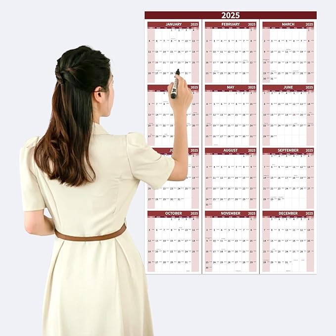 2025 Wall Calendar 34.8" x 22.8" Large Vertical Yearly Wall Hanging Calenda with Julian Date Thick Paper Calendar 12 Month Annual Wall Planner for Wall Office Fridge(Red)
