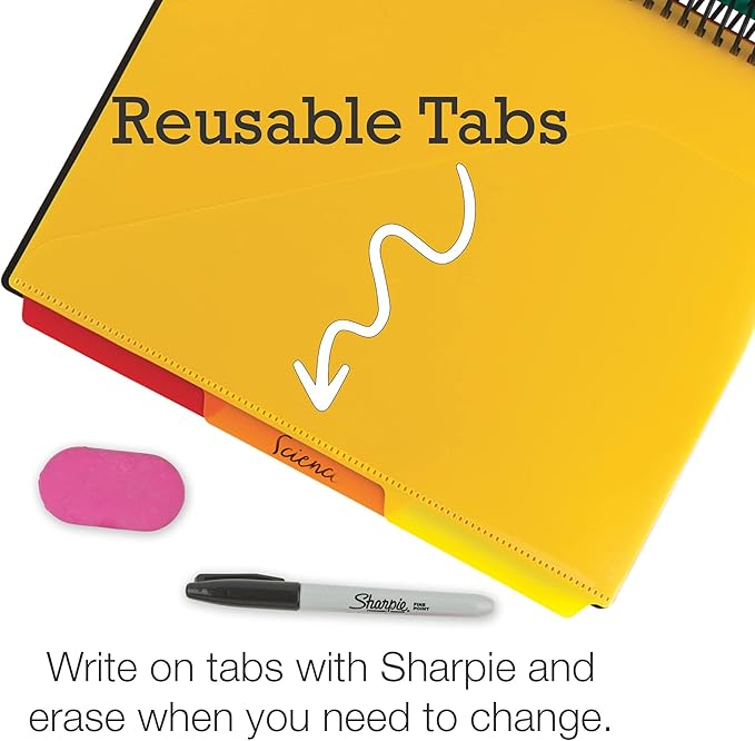 Samsill Deluxe 24 Pocket Spiral Project Organizer with Inner Zipper Pouch, Customizable Front Cover, 12 Dividers with Erasable Write-On Tabs in Assorted Colors, Plastic Folders with Pockets