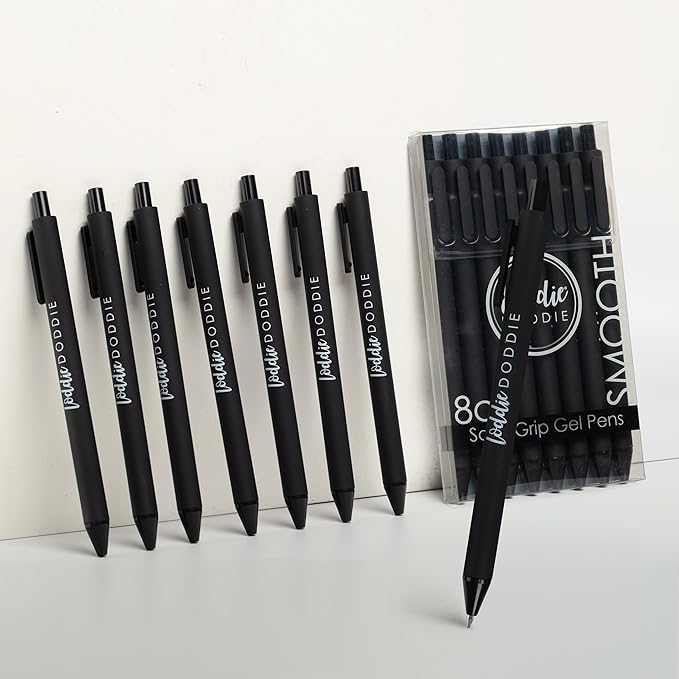 Loddie Doddie Gel Pens for Journaling & Note Taking - Black 8-Pack, 0.7 mm Medium Point, Smooth Writing, No Smudge, No Bleed Retractable Pens