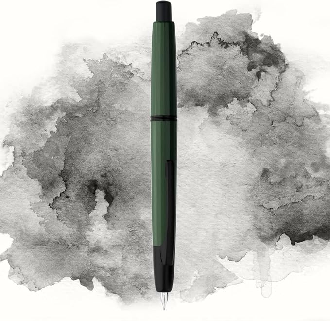 Majohn A2 Press Fountain Pen Extra Fine Nib with Box, Retractable Green Resin Ink Pen with Converter Writing Set (Black Clip Version）