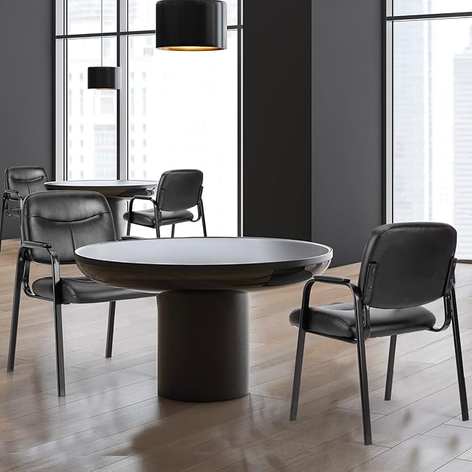 Sweetcrispy Waiting Room Chairs No Wheels Set of 4, Leather Stationary Office Reception Guest Chair with Padded Arms for Elderly Desk Conference Room Lobby Table Side Salon