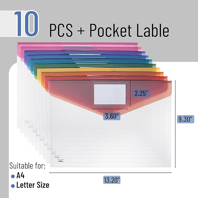 Mr. Pen- Clear Plastic Envelopes with Snap Closure, 10 Pack, A4, Letter Size, Colorful Flaps, Clear Folders for Documents Plastic Envelopes for Documents