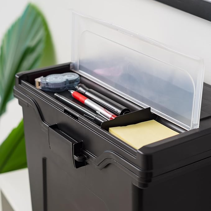 IRIS USA File Box with Lid File Organizer for Letter File w/ Organizer-Lid, Plastic Mobile Filing Organizer, Water Resistant Document Box, Portable File Box with Handle, Secure Buckle, Lockable, Black