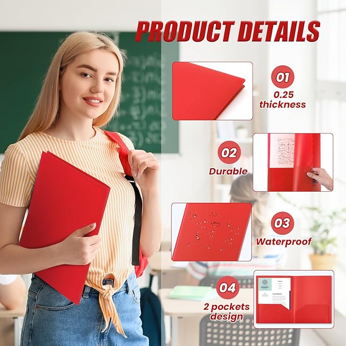 Gueevin 24 Pcs Plastic Folders with Pockets, Two Pocket Folder Fit Letter Size, Heavy Duty School Business Card Holder for Home Office School Bussiness, 11.61 x 9.45 Inches (Red)