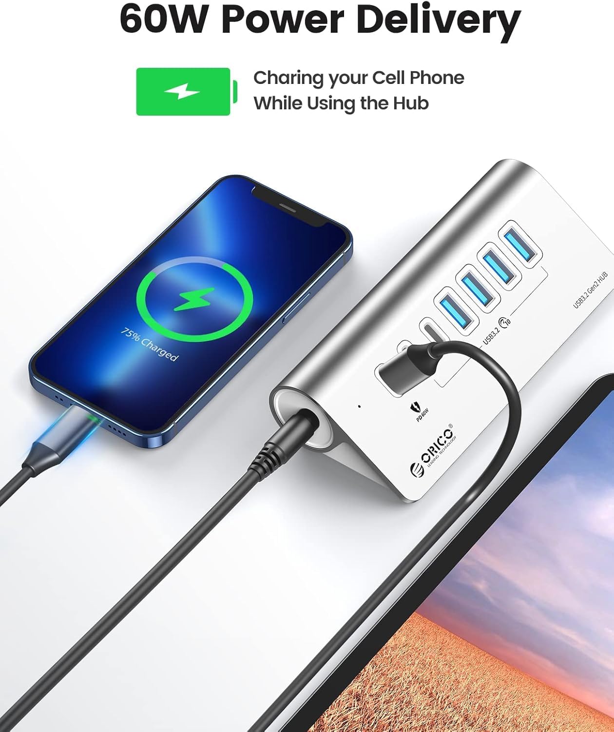 ORICO 7 Port USB Hub 10Gbps, Aluminum USB 3.2 Gen 2 Hub, 6 USB 3.2 Data Ports, 1 PD 60W Ports, 24V 3A Power Adapter, 3.28Ft A to C Cable, USB Data Hub for Laptop