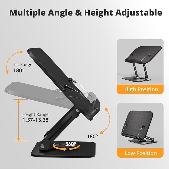 Book Stand for Reading, Adjustable Book Holder with 360° Rotating Bases, Foldable Designs, and Elastic Clips, Multifunctional Display Stand for Recipe, Cookbooks, Magazines, Tablets (Black)