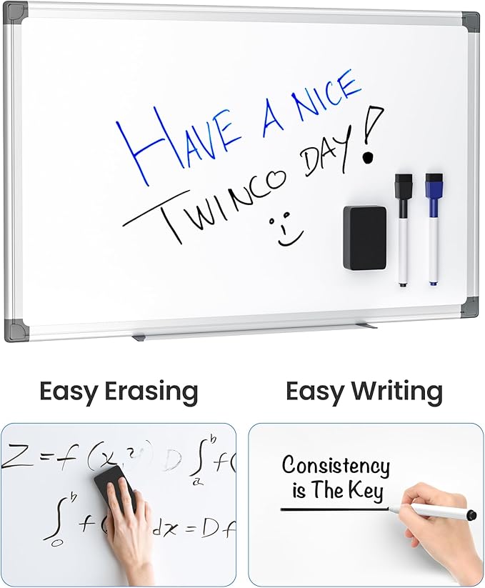 VUSIGN 12PCS Magnetic White Board Kit for Wall 18" x 12", 12 Dry Eraser & 24 Multicolor Markers & 48 Magnetic Pins, Sliver Reinforced Aluminum Frame for Home, School, Office