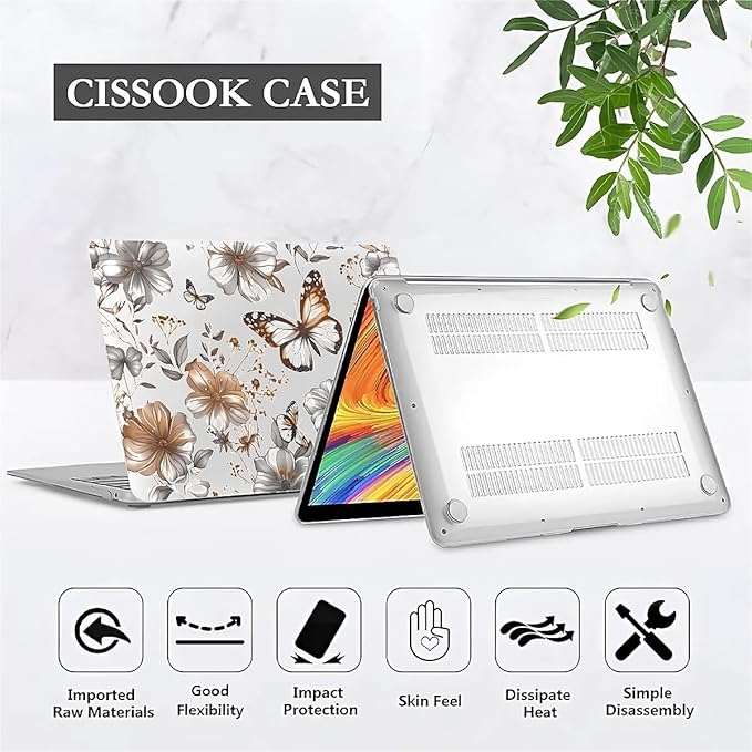 Compatible with MacBook Air 13.6 Inch Case 2024 2023 2022 Release Model A3113 M3 A2681 M2, Gold Flowers Butterfly Hard Plastic Shell Cover Case