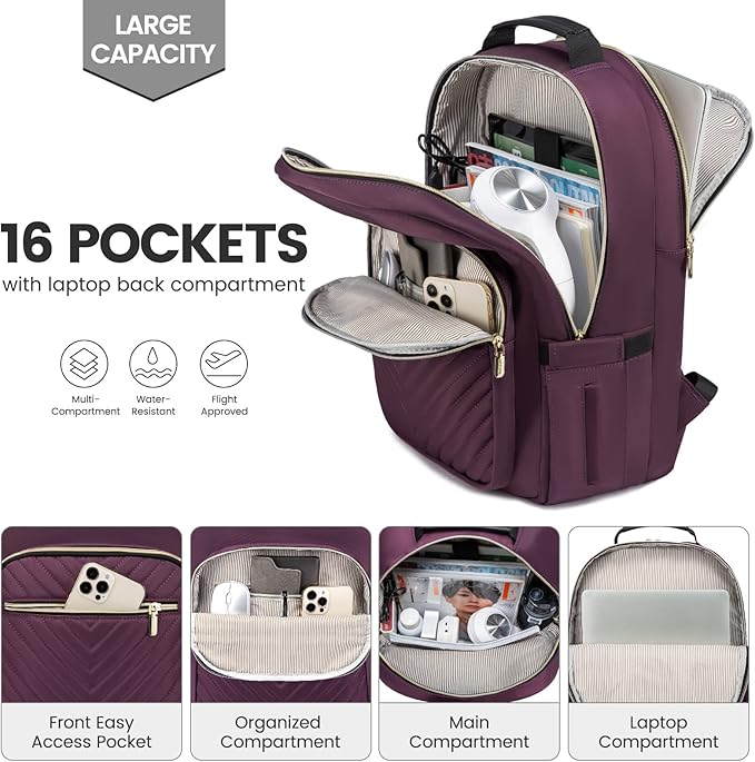 LOVEVOOK Laptop Backpack for Women 18.4 inch,Cute Womens Travel Backpack Purse,Professional Laptop Computer Bag,Waterproof Work Business College Teacher Bag Carry on Backpack with USB Port,Deep Purple