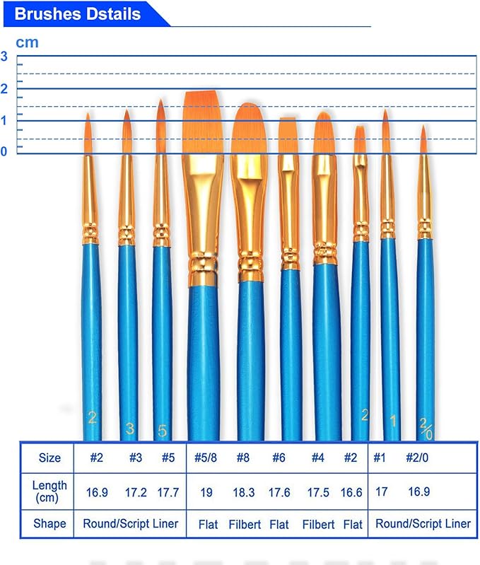 BOSOBO Paint Brushes Set, 2 Pack 20 Pcs Round-Pointed Tip Nylon Hair Artist Acrylic Paint Brushes for Acrylic Painting Oil Watercolor, Face Nail Art, Canvas, Miniature Detailing & Rock Painting, Blue