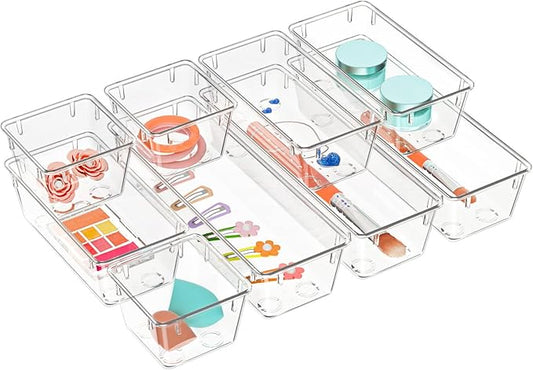 WOWBOX 9 Pack Clear Drawer Organizer Set, Acrylic Drawer Storage Trays, Storage Bins for Makeup, Cosmetics, Jewelries, Utensils, Gadgets, Office