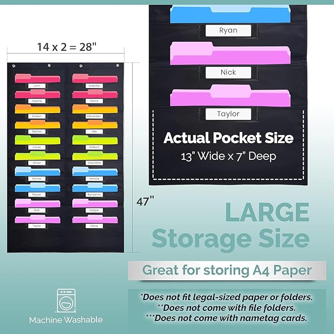 Hippo Creation Storage Pocket Chart for Classroom, 10 Pocket Storage Organizer with 6 Over-Door Hangers, Hanging Wall Organizer for File Folders, School Mailbox, Home Office Papers - Black, 2 Pack