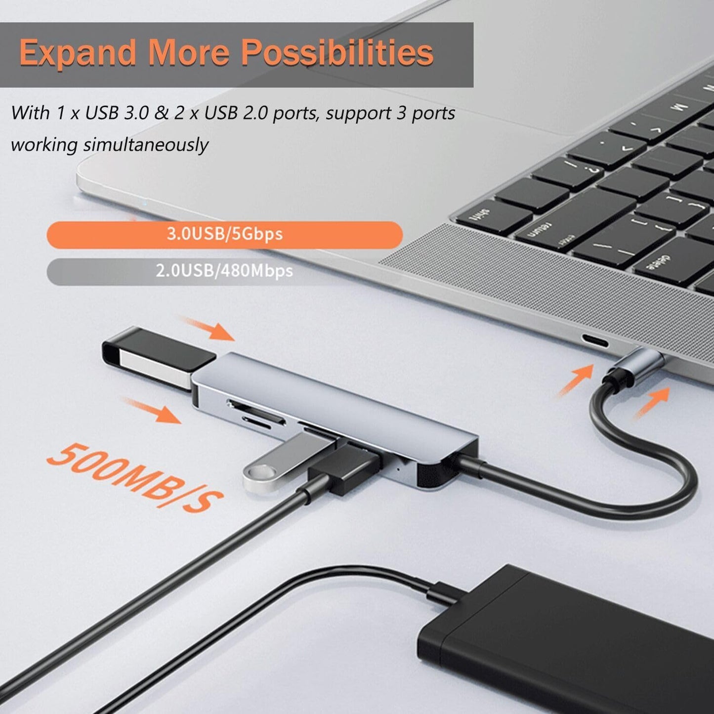 VIENON 5 in 1 Aluminum USB-C Hub with Memory Card Reader and 3 USB 3.0 Ports, for PC, Laptops, MacBook Pro/Air, iMac Pro, Surface and Tablet