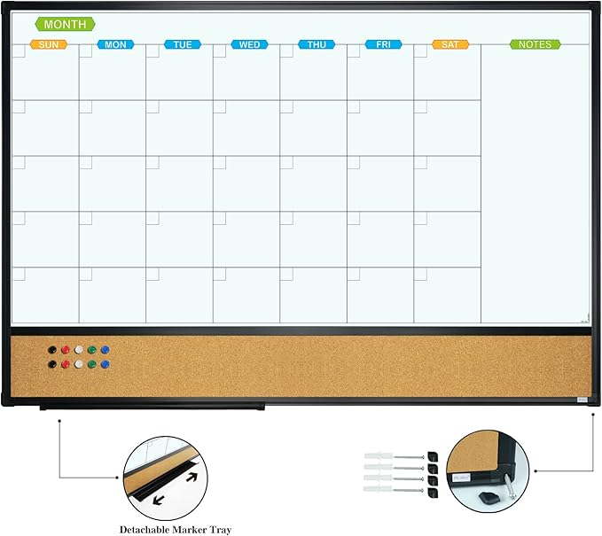 JILoffice Magnetic Calendar Whiteboard & Bulletin Corkboard Combination, Combo Board 36 x 24 Inch, 2 Pack, Black Aluminum Frame Wall Mounted Board for Office Home and School with 10 Push Pins