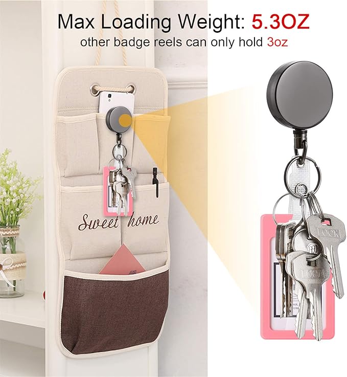 Will Well ID Badge Holder Reel with Clip and Keyring - Heavy-Duty All-Metal Casing with 27.5" UHMWPE Fiber Pull Cord for Durability and Easy Access, Holds up to 8 Keys - 4-Pack, Round, Glossy Black