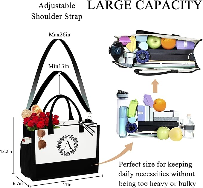 YOOLIFE Christmas Gifts for Women, Personalized Birthday Gifts for Women Gift for Female Teacher Sister Teenager Bridesmaid Graduation Gifts, Gifts Trendy Stuff Initial Canvas Tote Bag Beach Bag A