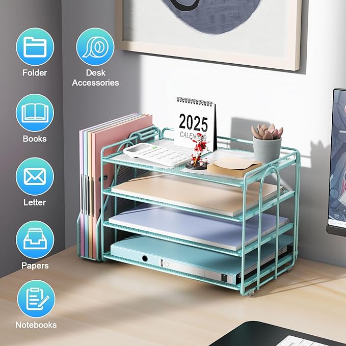 gianotter 2025 New Large Capacity Desk Organizer with Detachable Magazine Holder, 4-Tier Paper Organizer Letter Tray, Desk Accessories for A4 Paper and Document Storage(Blue)