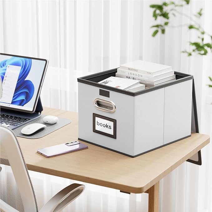 Huolewa Upgraded File Organizer Box with Lid, Collapsible Faux Leather Hanging File Folder Box Organizer with Plastic Slides, Decorative Home/Office Filing System Box for File and Folders Storage