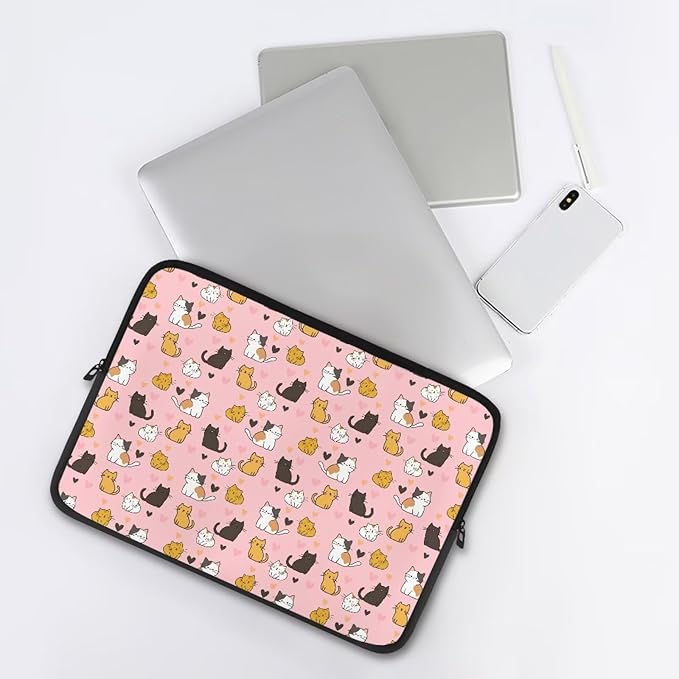 Cat Print Laptop Briefcases for Men Women, Heart Pattern Laptop Sleeve Case Water Resistant Neoprene Computer Carrying Cover 15 Inch Laptop Carrying Bag