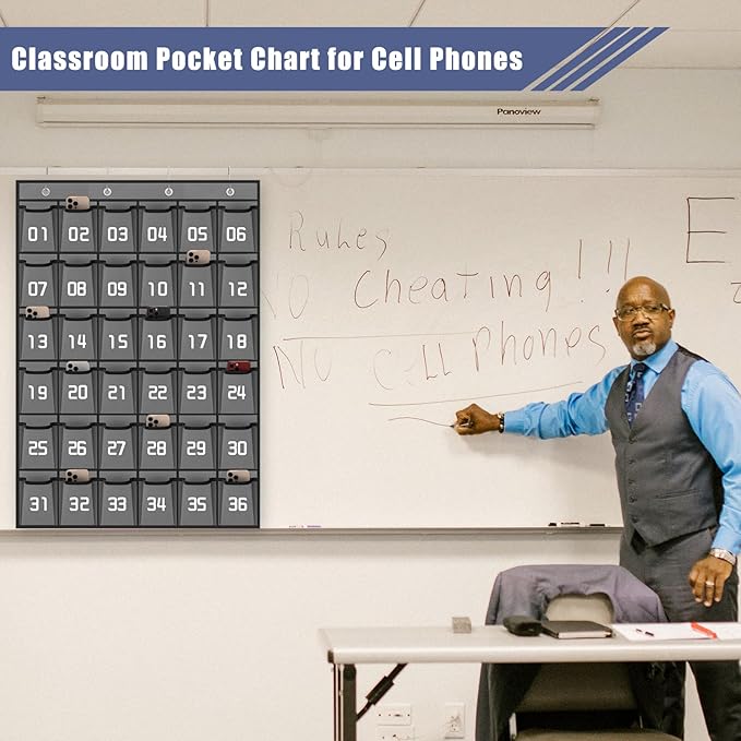 Loghot Numbered Classroom Sundries Closet Pocket Chart for Cell Phones Holder Wall Door Hanging Organizer (36 Pockets Gray)