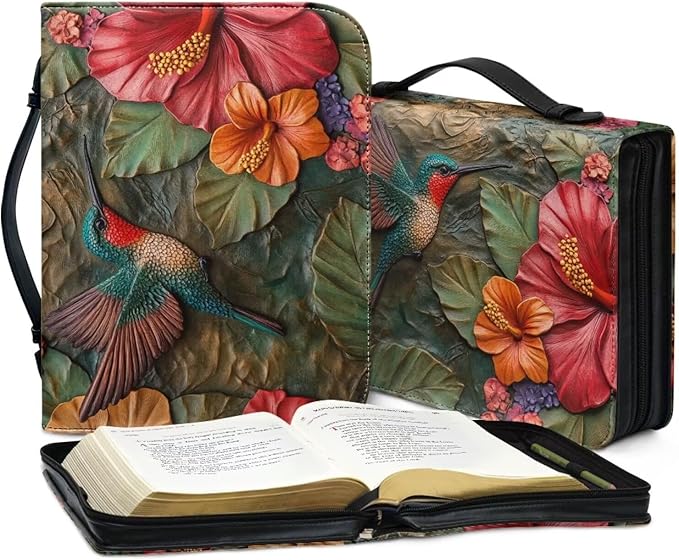 Lotusorchid Leather Bible Book Cover Case with Handle Pocket, Hummingbird Bible Cover Case with Pen Storage, Sturdy PU Bible Tote Bag, Bible Accessories, M
