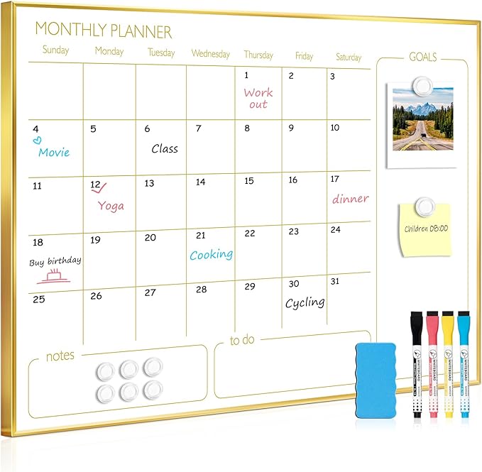 Magnetic Dry Erase Calendar Board for Wall - 24'' x 18'' Monthly Calendar Whiteboard - Gold Aluminum Frame